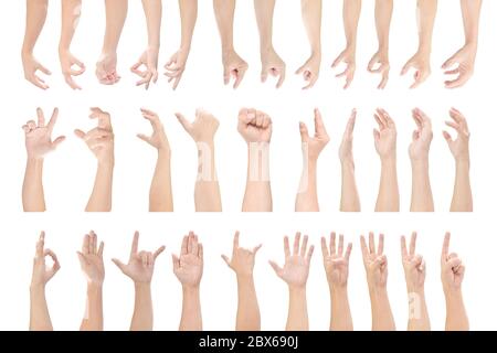 Multiple set of male hands gestures isolated on white background. with clipping path. Stock Photo