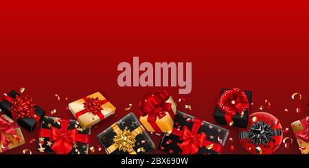 Vector illustration of repeating black and golden gift boxes with ribbons, bows and shadows, and small shiny pieces of serpentine on red background Stock Vector