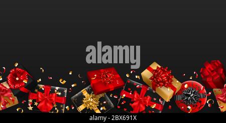 Vector illustration of repeating red, black and golden gift boxes with ribbons, bows and shadows, and small shiny pieces of serpentine on dark backgro Stock Vector