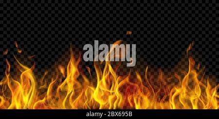 Translucent fire flames and sparks with horizontal repetition on transparent background. For used on dark illustrations. Transparency only in vector f Stock Vector
