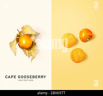 Fresh physalis fruit, creative layout. Healthy eating and food concept. Cape gooseberry composition. Flat lay, top view. Design element, color card wi Stock Photo