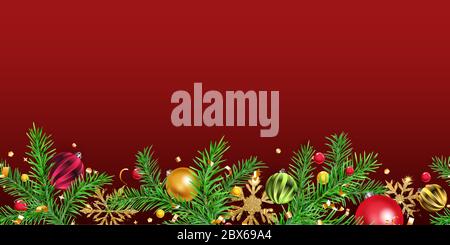 Christmas banner with pine branches, balls, golden snowflakes and pieces of serpentine on red background. Horizontal repetition. Stock Vector