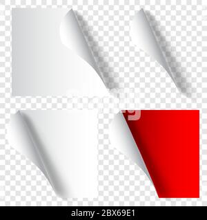 Set of realistic curled paper corners in white and red colors with shadows Stock Vector
