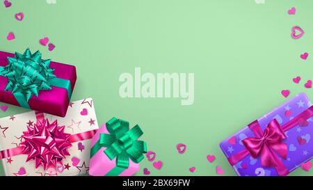 Vector illustration of multicolored gift boxes with ribbons, bows and shadows, and small hearts on light green background Stock Vector