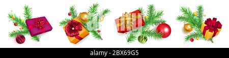 Set of Christmas tree branches with balls, gift boxes and pieces of serpentine on white background Stock Vector