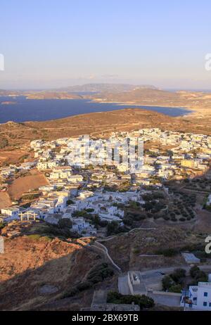 Trivosalos village seen from Plaka, Milos island, Cyclades, Greece. Milos is one of the southern Cyclades islands in the archipelago Stock Photo