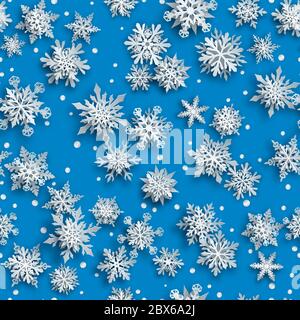 Christmas seamless pattern of white complex paper snowflakes with soft shadows on light blue background Stock Vector