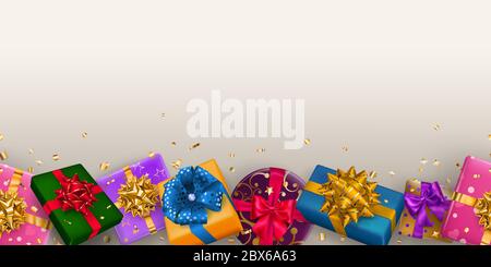 Vector illustration of repeating multicolored gift boxes with ribbons, bows and shadows, and small shiny pieces of serpentine on white background Stock Vector