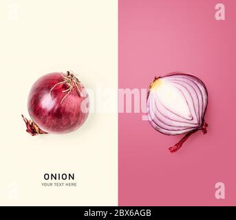 Fresh red onion as creative layout. Healthy eating and food concept. Vegetable composition. Flat lay, top view. Design elements, color card with copy Stock Photo