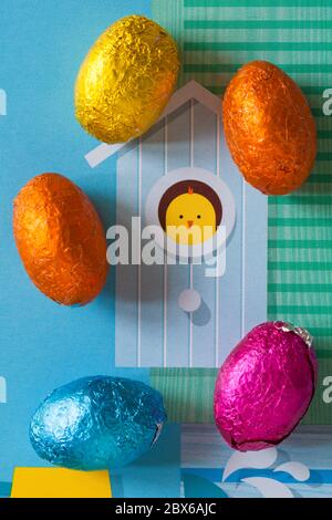 solid milk chocolate mini Easter eggs foil wrapped with chick looking out of bird box background - looking down on from above Stock Photo