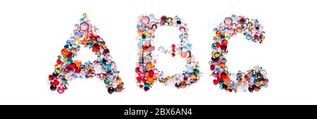 Letters A, B, C made from beautiful glass bright gems or crystals on isolated white background, banner size Stock Photo