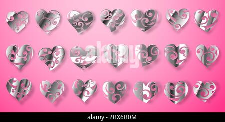 Set of shiny silver heart symbols with curls, glares and shadows on pink background Stock Vector