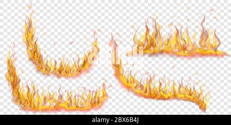 Set of translucent fire flames of various shapes on transparent background. For used on light illustrations. Transparency only in vector format Stock Vector