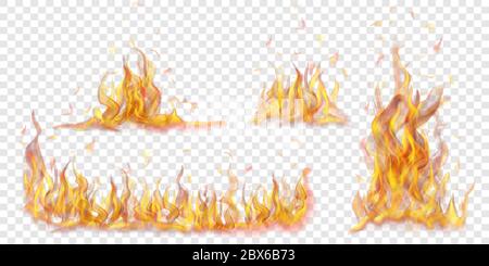 Set of translucent horizontal fire flames on transparent background ...