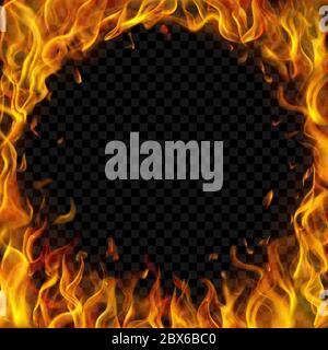 Translucent round frame made of fire flames and sparks on transparent background. For used on dark illustrations. Transparency only in vector format Stock Vector