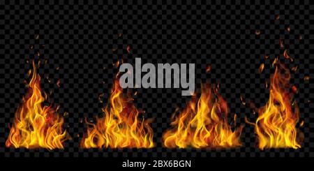 Set of translucent horizontal fire flames on transparent background ...