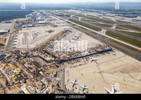 Frankfurt, Germany - May 27, 2020: Aerial view of Construction site Terminal 3 at Frankfurt airport (FRA) in Germany. Stock Photo