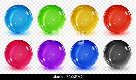 Set of translucent colored spheres with shadows on transparent background. Transparency only in vector format Stock Vector