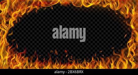Translucent elliptical frame made of fire flames and sparks on transparent background. For used on dark illustrations. Transparency only in vector for Stock Vector