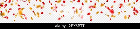 Abstract horizontal seamless banner of flying shiny red and golden confetti and pieces of serpentine, isolated on transparent background Stock Vector