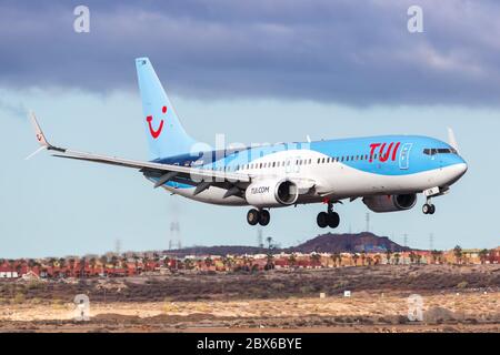 Tenerife, Spain - November 23, 2019: TUI Boeing 737-800 airplane at Tenerife South airport (TFS) in Spain. Boeing is an American aircraft manufacturer Stock Photo