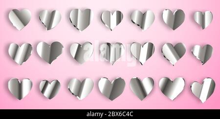 Set of shiny silver hearts with shadows on pink background Stock Vector