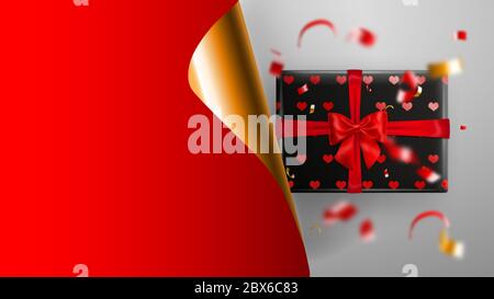 Black Friday sale banner. Golden curled paper corner and place for inscription. Gift box, blurry red and yellow pieces of serpentine on white backgrou Stock Vector