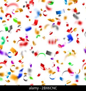 Abstract seamless pattern of flying shiny colored confetti and pieces of serpentine on white background Stock Vector