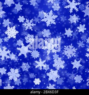Christmas seamless pattern of complex blurred and clear falling snowflakes in blue colors with bokeh effect Stock Vector