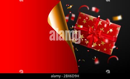 Black Friday sale banner. Golden curled paper corner and place for inscription. Gift box, blurry red and yellow pieces of serpentine on dark backgroun Stock Vector