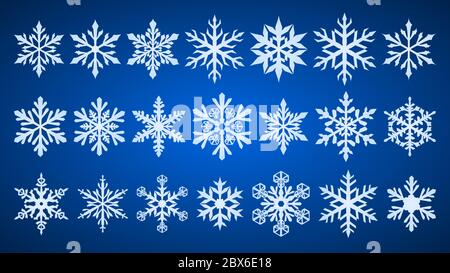 Set of beautiful complex Christmas snowflakes, white on blue background Stock Vector