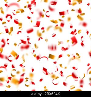 Abstract seamless pattern of flying shiny red and golden confetti and pieces of serpentine on white background Stock Vector