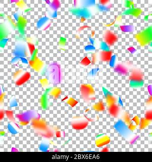 Abstract seamless pattern of flying shiny colored confetti and pieces of serpentine, isolated on transparent background Stock Vector