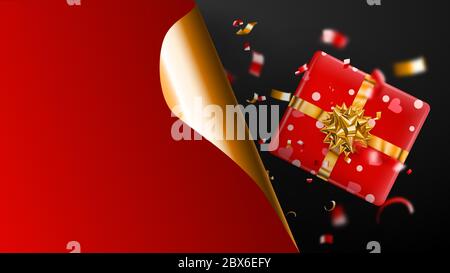 Black Friday sale banner. Golden curled paper corner and place for inscription. Gift box, blurry red and yellow pieces of serpentine on dark backgroun Stock Vector