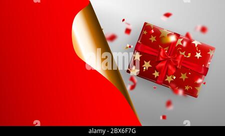 Black Friday sale banner. Golden curled paper corner and place for inscription. Gift box, blurry red and yellow pieces of serpentine on white backgrou Stock Vector