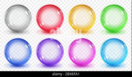 Set of translucent colored spheres with shadows on transparent background. Transparency only in vector format Stock Vector