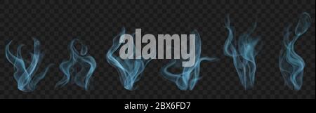 Set of realistic transparent smoke or steam in light blue colors, for use on dark background. Transparency only in vector format Stock Vector