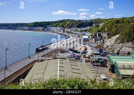 Looking down on the northern end of Douglas Promenade in the Isle of Man with the remains of the Summerland building visible on he cliffs Stock Photo