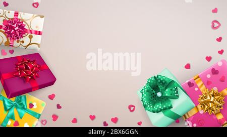 Vector illustration of multicolored gift boxes with ribbons, bows and shadows, and small hearts on beige background Stock Vector