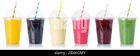 Set of fruit smoothies fruits orange juice straw drink in cups isolated on a white background Stock Photo