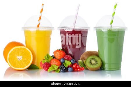 Fruit smoothies fruits orange juice green smoothie drink collection straw cup isolated on a white background Stock Photo