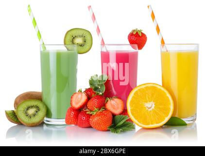 Fruit smoothies fruits orange juice green smoothie collection drink in glass isolated on a white background Stock Photo