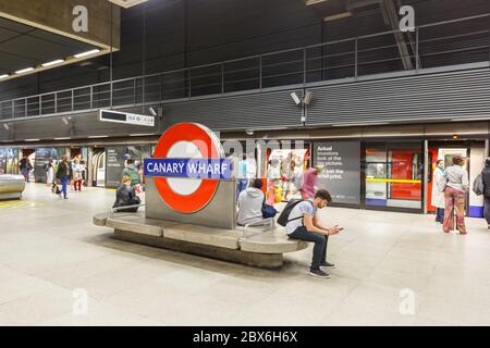 London, United Kingdom - July 9, 2019: London Underground Tube station Metro Canary Wharf Jubilee Line in the United Kingdom. Stock Photo