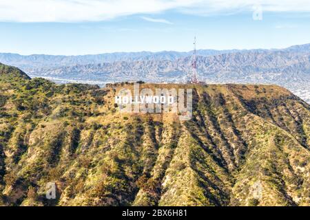 Los Angeles, California - April 14, 2019: Hollywood sign Los Angeles aerial view hills in California. Stock Photo