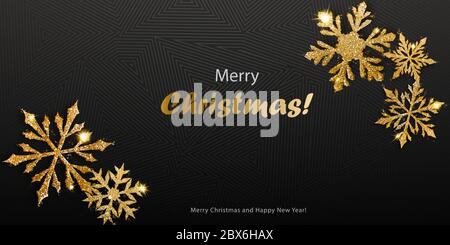 Vector illustration of beautiful shiny complex Christmas snowflakes made of sparkles in golden colors with shadows on dark background Stock Vector