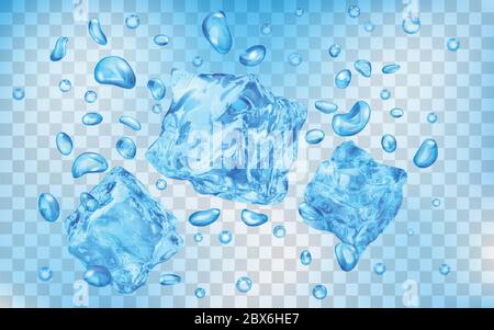 Three translucent light blue ice cubes and many air bubbles under water on transparent background. Transparency only in vector format Stock Vector