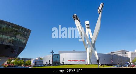 Stuttgart, Germany - April 22, 2020: Porsche Museum art architecture panorama in Stuttgart Zuffenhausen Germany. Stock Photo