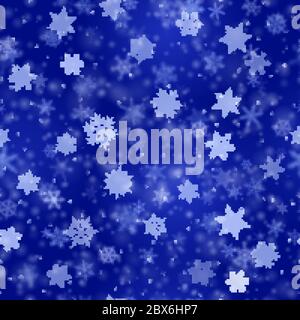 Christmas seamless pattern of complex blurred and clear falling snowflakes in blue colors with bokeh effect Stock Vector