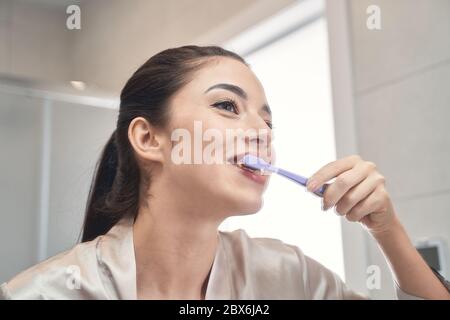 Pleasant young woman cleaning her teeth at bathroom Stock Photo