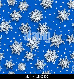 Christmas seamless pattern of white complex paper snowflakes with soft shadows on light blue background Stock Vector